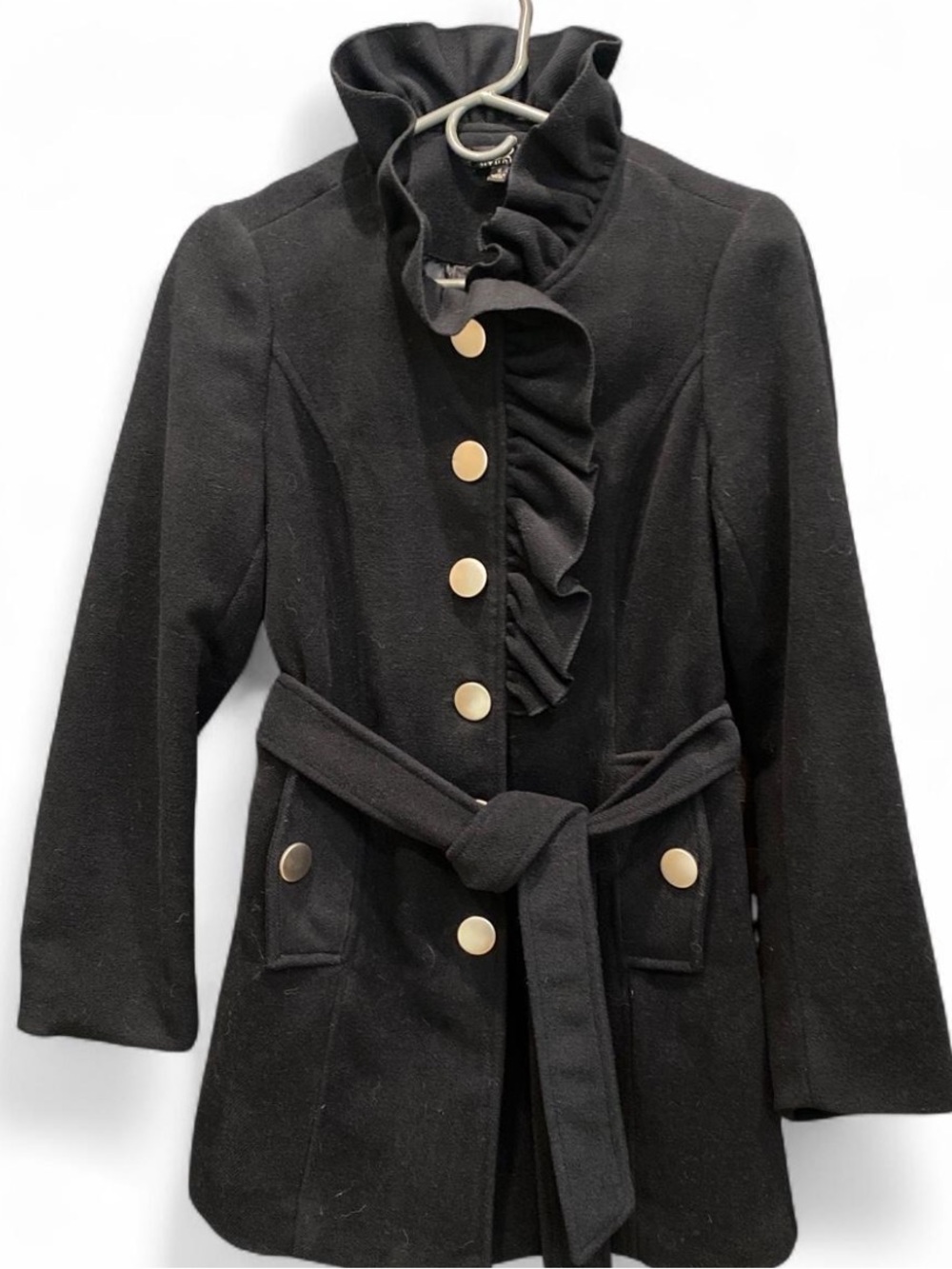 Women's Black Ruffled Belted Trench Coat with Gold Buttons
